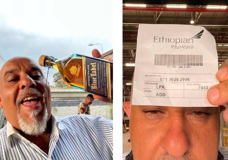 A la izquierda, bebiendo wiski y, a la derecha, la etiqueta de la mercancía.