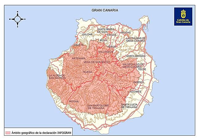 Mapa del territorio de Gran Canaria en situación de alerta por riesgo de incendios.