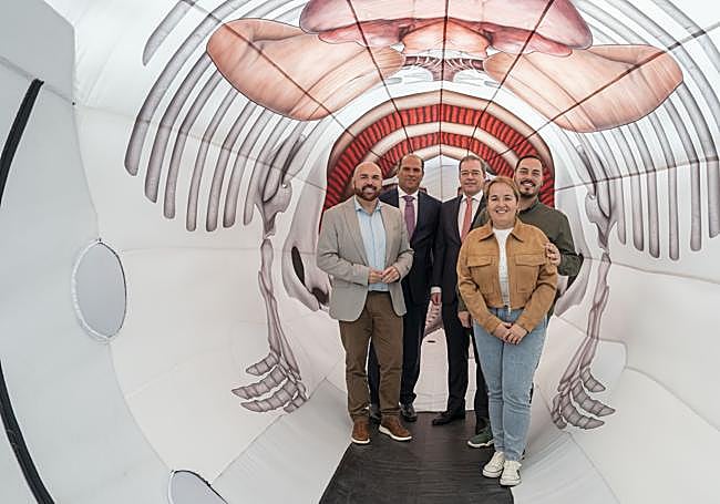 De ID: el alcalde del Puerto de la Cruz, Marco González; el presidente de Loro Parque Fundación, Christoph Kiessling; el concejal del Área genérica de Estrategia y Promoción del Turismo, Fiestas y Políticas Sectoriales del Puerto de la Cruz, Roberto Medina; y la concejala de Acción Educativa y Gestión de los Recursos Sociales a Familia e Infancia, Rebeca Toste; en el interior de una de las réplicas.