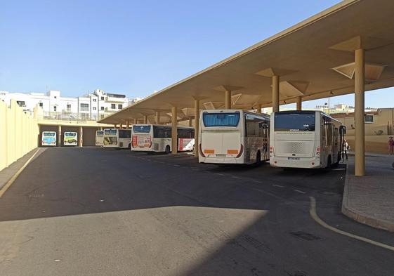 Vehículos dedicados al transporte interurbano en la estación de guaguas en Arrecife.