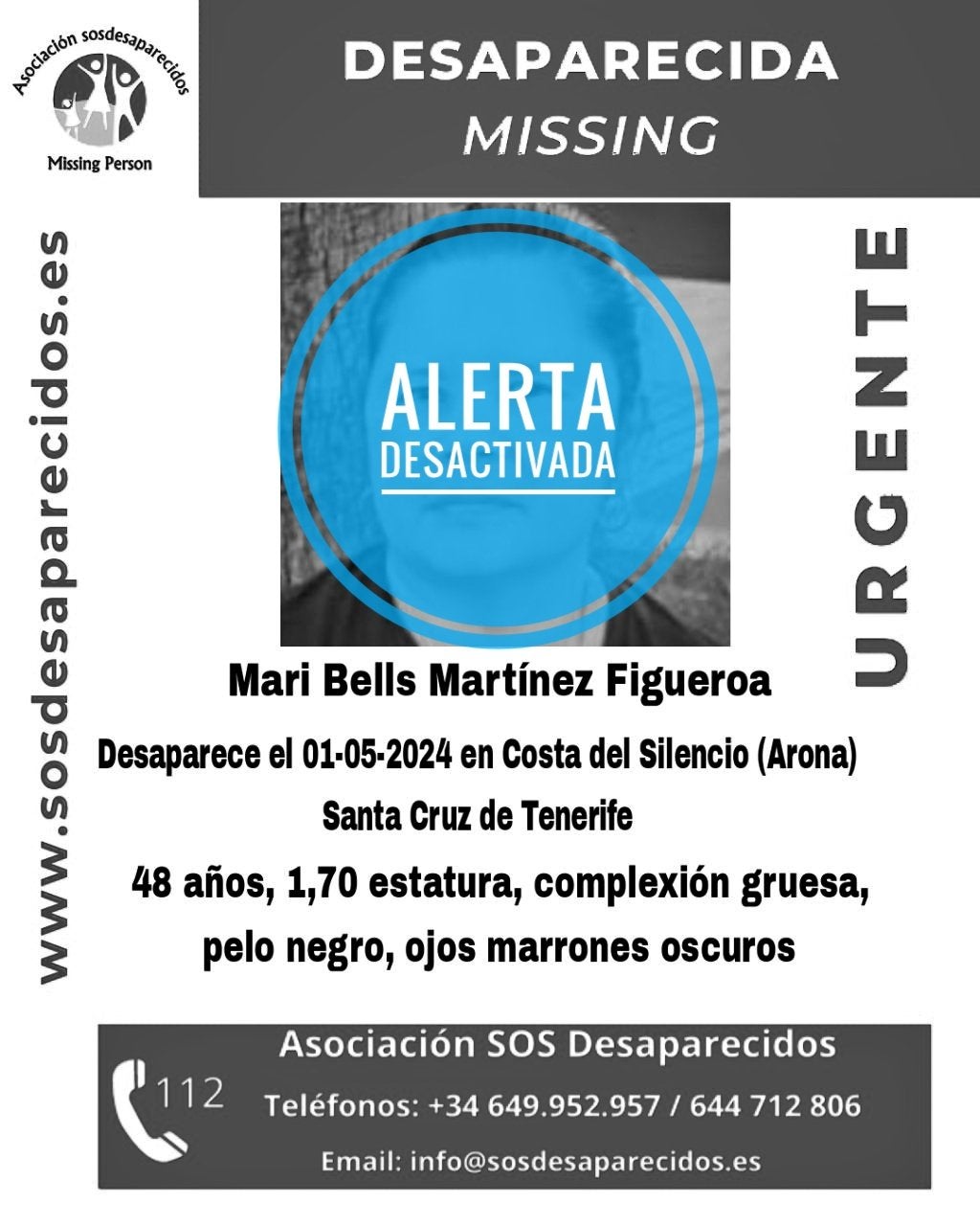 Desactivan la alerta de la desaparición de Mari Bells Martínez en el sur de Tenerife