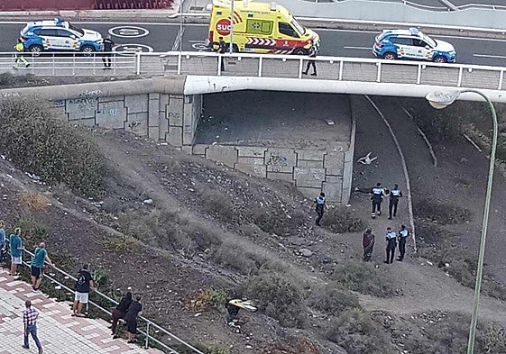Imagen de los agentes policiales y de los operarios del SUC atendiendo a la persona que se había caído desde el puente de La Ballena, en la capital grancanaria.