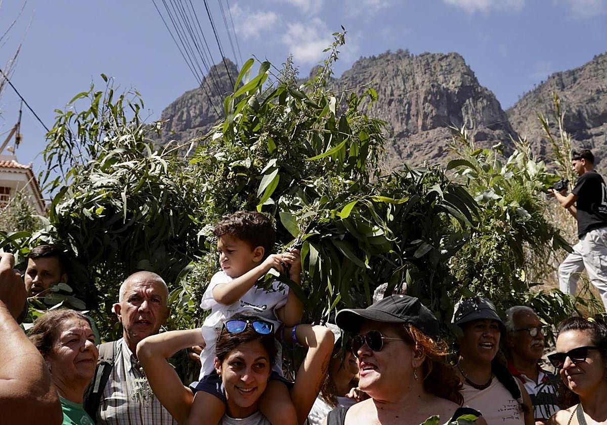 Imagen principal - En las imágenes, distintos momentos de la fiesta. En la foto pequeña, San Pedro rodeado de las ramas que le brindaron como ofrenda.