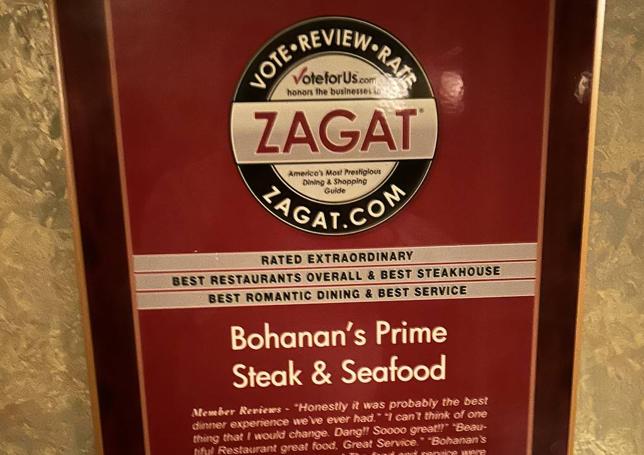 La prestigiosa Guía Zagat concede al Bohanan's Prime Steaks & Seafood sus mejores calificaciones