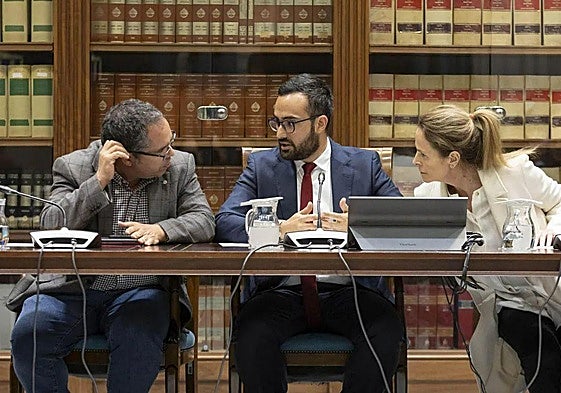 De izq. a dch.: Gustavo Santana (PSOE), Raúl Acosta (Grupo Mixto) y Luz Reverón (PP) componen la Mesa de la Comisión.