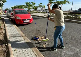 Una vecina de Almatriche barre su calle.