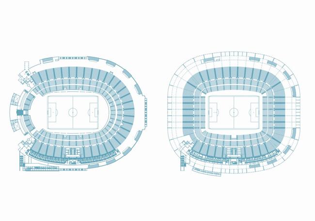 A la izquierda, planta actual del Estadio de Gran Canaria. A la derecha, imagen de cómo quedará tras la remodelación.