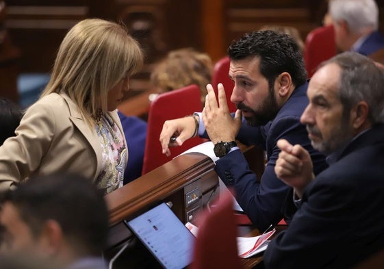 El socialista Manuel Hernández habla con Esther González (NC) durante un pleno del Parlamento.