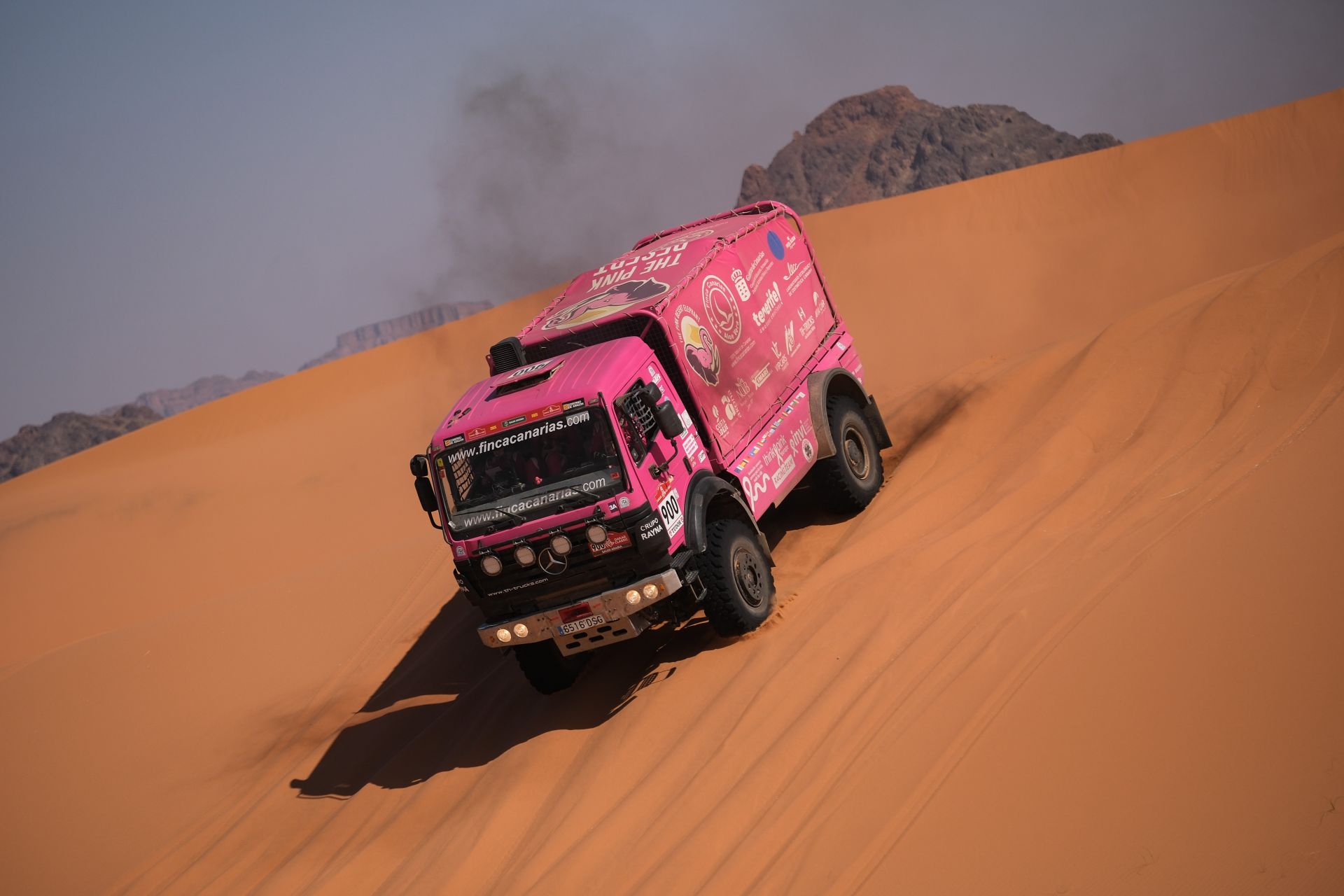 El Elefante Rosa baja una duna en Arabia.