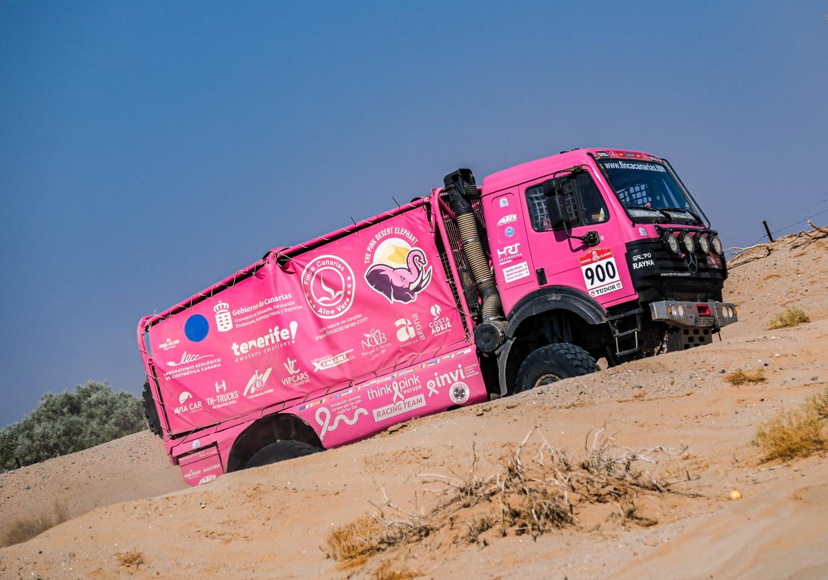 El Elefante Rosa sigue avanzando durante su travesía por el desierto de Arabia Saudí.