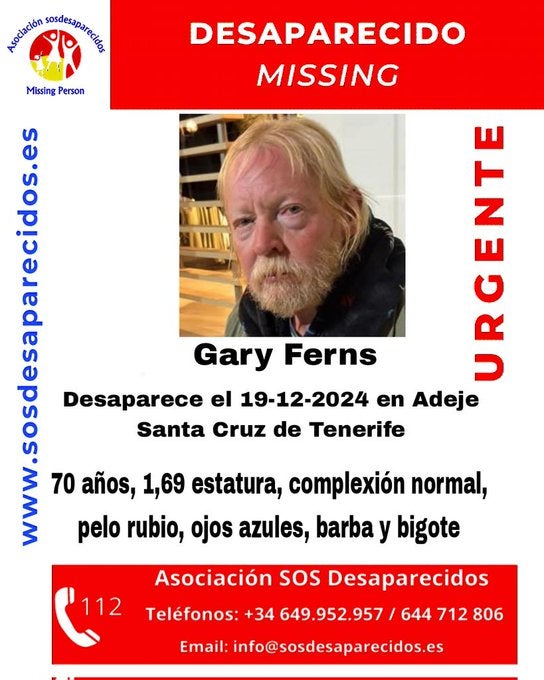 Buscan a Gary Ferns, desaparecido en Tenerife desde diciembre