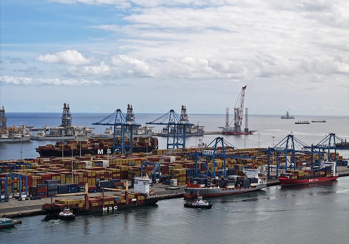 Imagen de la terminal de trasbordo del puerto de Las Palmas, Opcsa, con los contenedores apilados y diversos buques MSC en sus atraques.