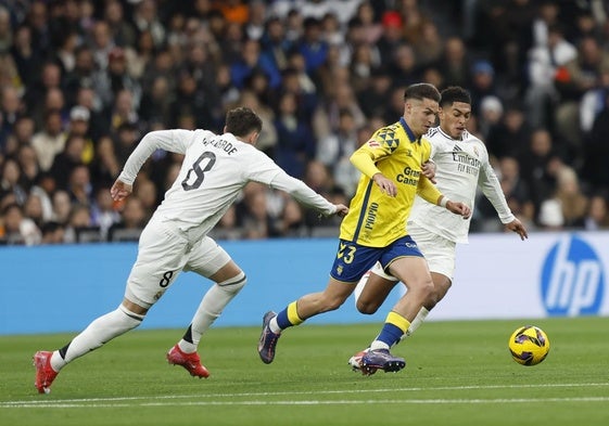 Mika Mármol conduce el balón en una acción del partido frente al Real Madrid.