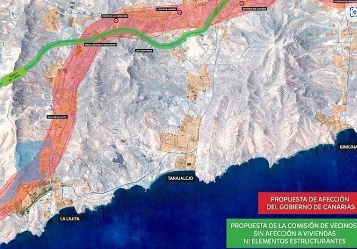 Las dos propuestas de trazado del tramo de la autovía entre El Cuchillete-Matas Blancas, a la altura de Tarajalejo y La Lajita.
