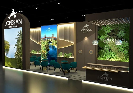 Espacio único. El stand que presenta Lopesan Hotel Group en ITB volverá a contar con un diseño moderno y sostenible, en el que los elementos naturales, como la madera y la piedra, se fusionan con un sugerente juego de luces para crear un ambiente profesional ideal.