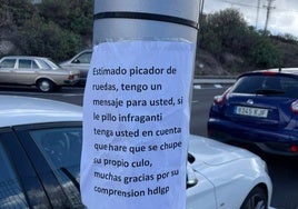 Mensaje dejado por un vecino perjudicado al pincharruedas en la Recta de Los Tarahales. c7