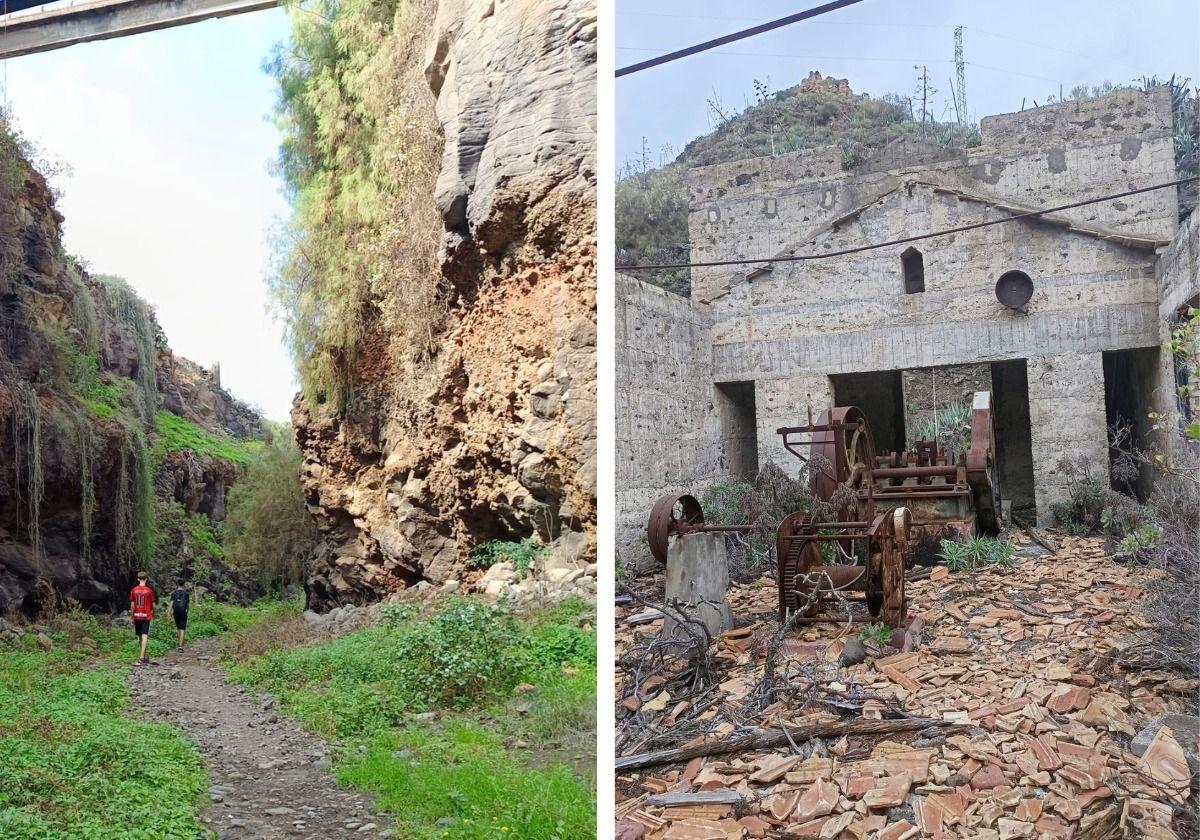 Senderistas en pleno barranco del corredor paisajístico y parte del pozo abandonado y en ruinas de La Federica.