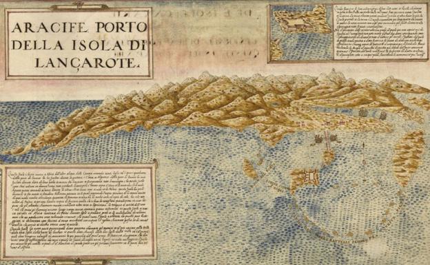 El puerto de Arrecife, hoy capital de Lanzarote, dibujado por Leonardo Torriani circa 1590.