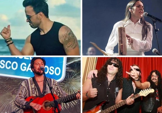 Luis Fonsi (arriba a la izquierda), Valeria Castro (arriba a la derecha), Manuel Carrasco (abajo a la izquierda) y Mägo de Oz brillarán en las Fiestas Lustrales.