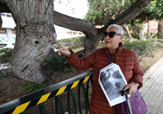 Esther señala la parte del árbol con la que se golpeó y cayó al suelo.