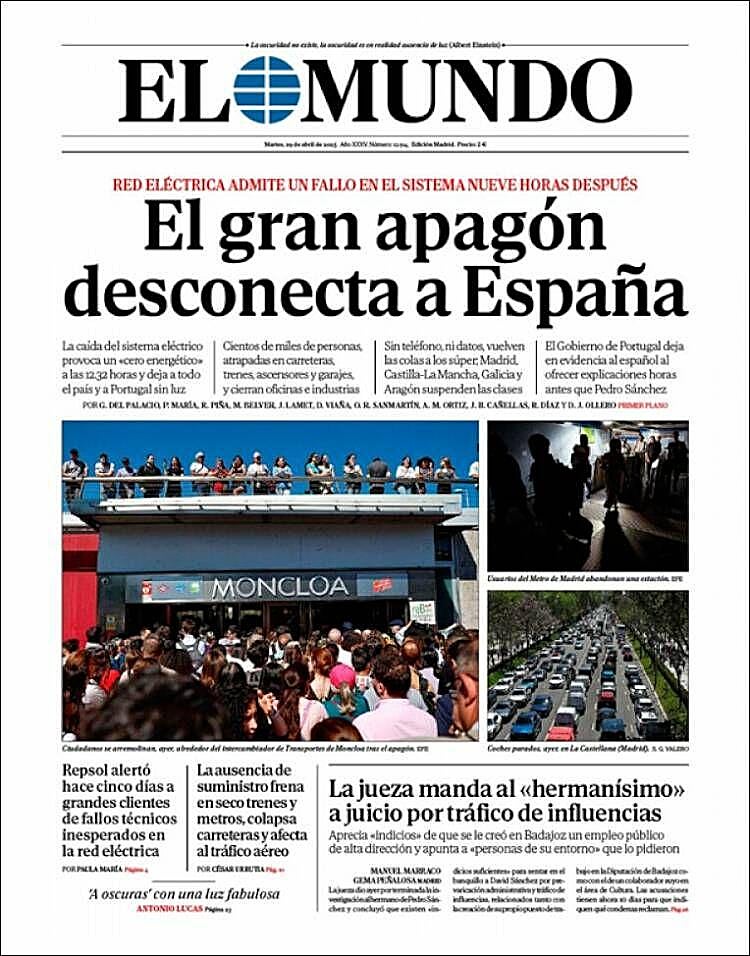 Las portadas de todo el mundo se hacen eco del apagón energético en la península