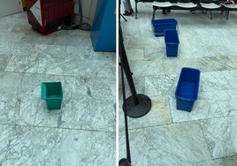 Los cubos del Hall del complejo hospitalario recogen el agua de las goteras.