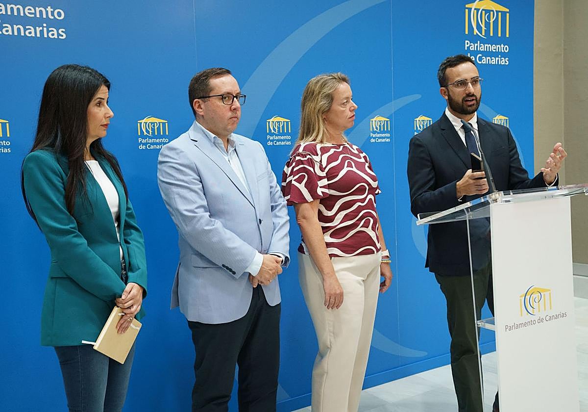 Melodie Mendoza (i), Yonathan Martín (2i), Sonsoles Martín (2d) y Raúl Acosta (d), portavoces de Educación de ASG, Coalición Canaria, Partido Popular y Grupo Mixto, respectivamente, ofrecieron una rueda de prensa este miércoles.