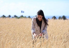 Aroa Revelo en la finca con trigo para producir sombreras.