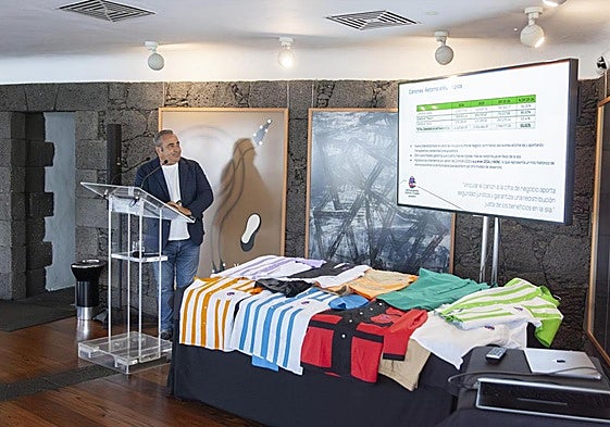 Ángel Vázquez presentando las cuentas, ante un muestrario de los futuros uniformes.