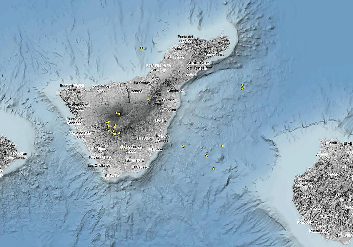 Imagen de los terremotos registrados por el IGN en Tenerife y alrededores en los últimos tres días.