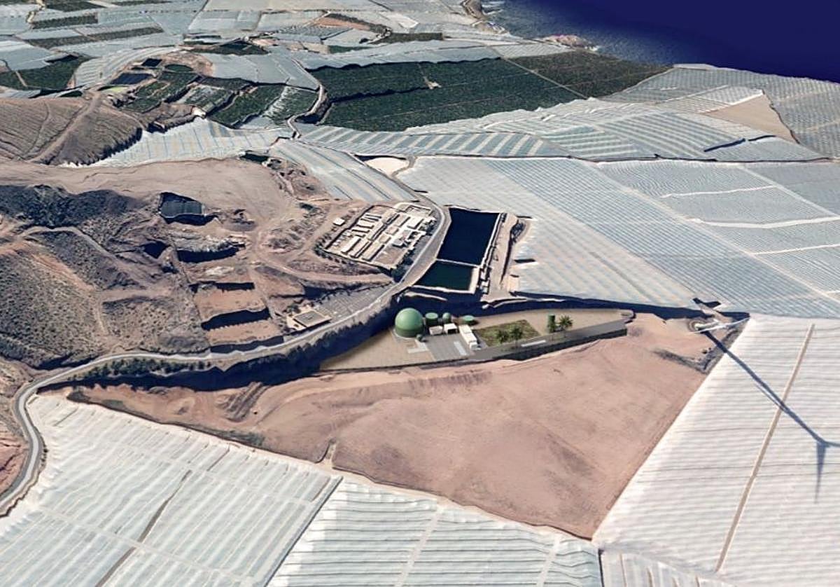 Recreación de la planta de biogás en la ubicación prevista, entre invernaderos próximos a La Atalaya.