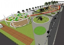 Recreación del parque proyectado por el Puerto en el Sanapú, con la pérgola que da sombra en primer plano. Al fondo, la pasarela Onda Atlántica.