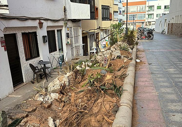 Así están quedando los parterres de estas céntricas calles de Corralejo.