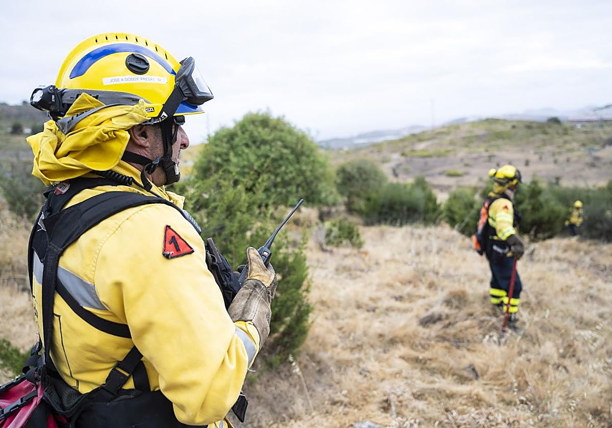 Agentes forestales de Gran Canaria en un simulacro de incendio forestal.