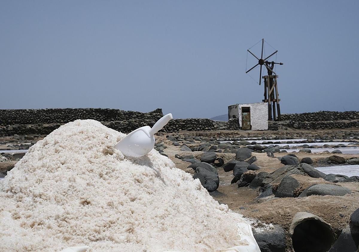 Imagen principal - 1. Una montaña de sal en uno de los tajos de las salinas. 2. Windsurfistas surcando las olas de Pozo Izquierdo. 3. Un grupo de visitantes presta atención a las explicaciones de Navarro.