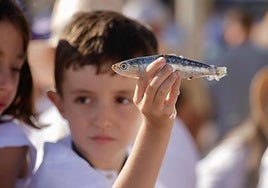 Imagen de un niño con una sardinda durante la fiesta de la Vará del Pescao 2025.