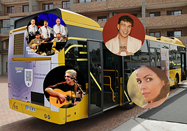 Imagen de la guagua amarilla y algunos de los artistas.