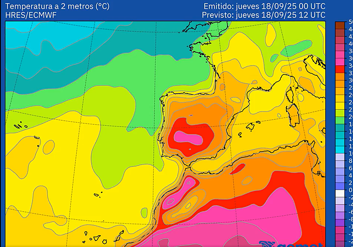 Imagen de satélite del mapa térmico en Canarias y la península.