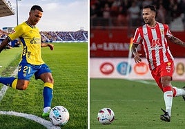 Viera, en una imagen con la UD de la presente campaña y otra, con la camiseta del Almería. Este sábado ambos equipos se miden en la isla.