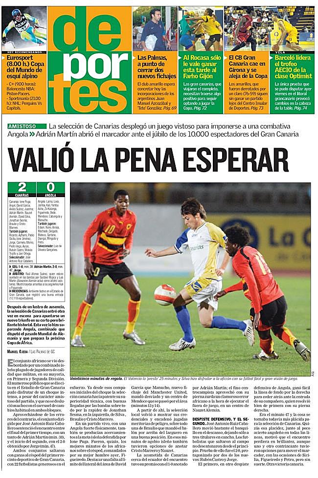 Portada de Deportes del Canarias7 con la crónica del encuentro entre Canarias y Senegal (2-0).