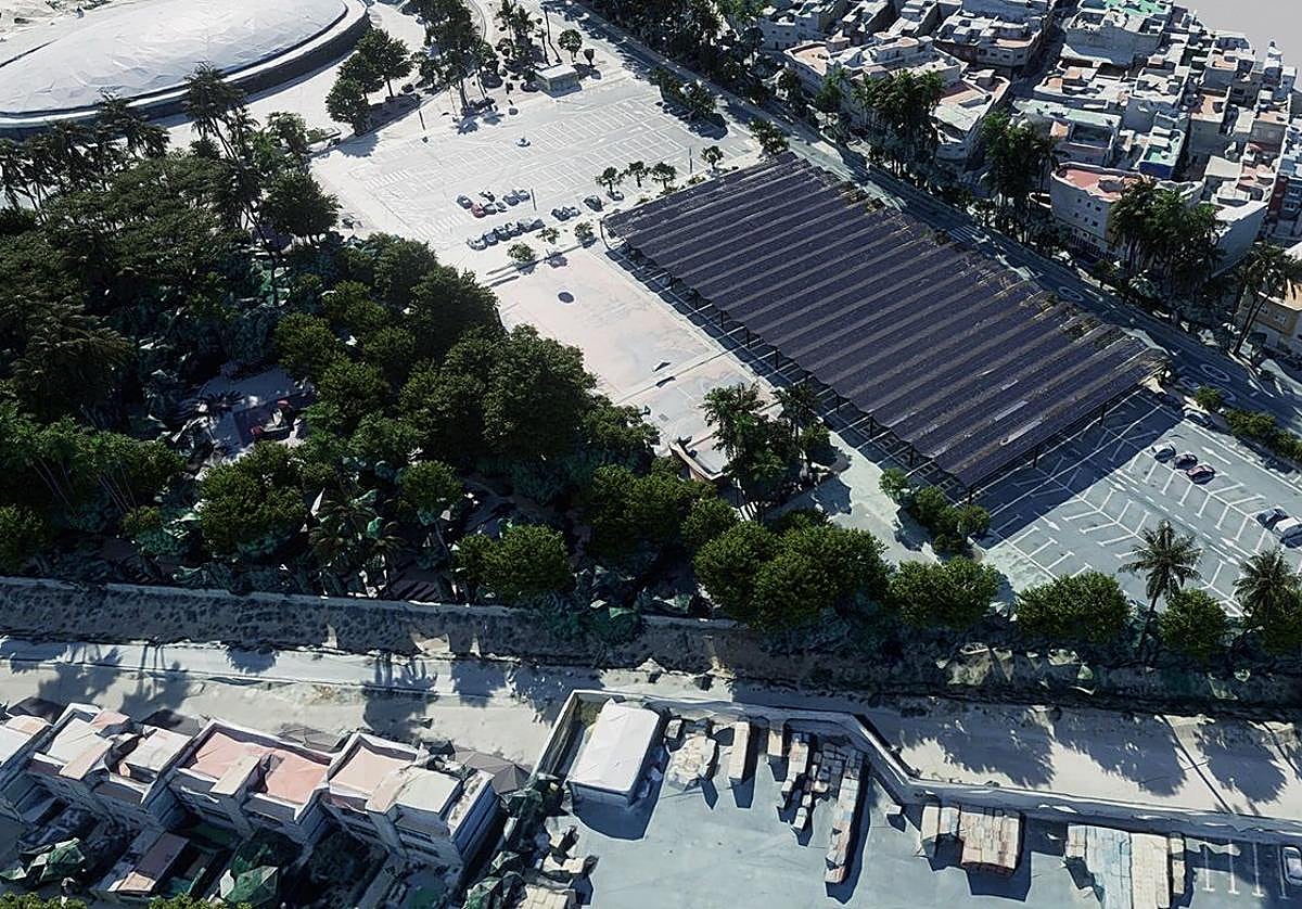 Recreación de la planta fotovoltaica sobre marquesinas incluida en el proyecto anulado.