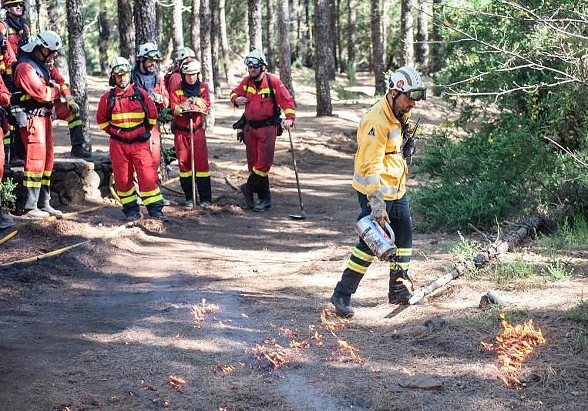 Un agente del CAbildo enseña a la Unidad Militar de Emergencias las quemas prescritas.