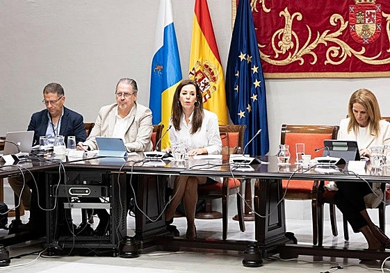 La consejera de Turismo y Empleo del Gobierno de Canarias; Jéssica de León (c), durante la comisión parlamentaria de presupuestos.