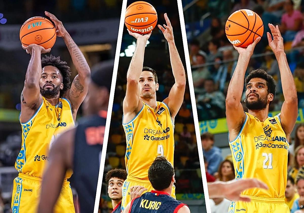 De izquierda a derecha, Braian Angola, Nico Brussino y Louis Labeyrie, tres de los jugadores amarillos que más se han prodigado desde el perímetro en esta temporada ACB.