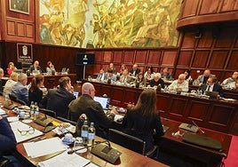 Grupo de Gobierno del Cabildo de Gran Canaria, enfrente, en una sesión plenaria.