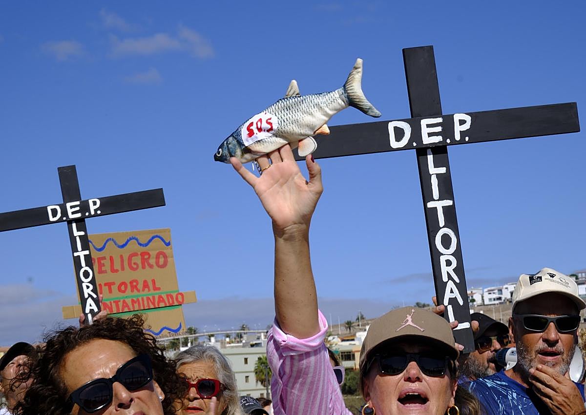 Imagen secundaria 1 - Personas manifestándose esta mañana en Telde.