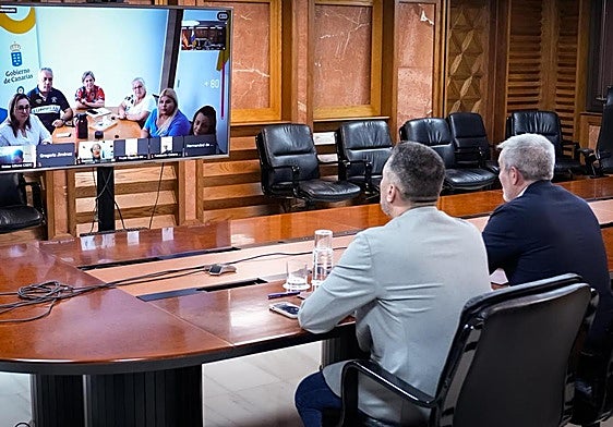 El presidente de Canarias y el director de Emigración en la reunión telemática con las entidades canarias en el país.