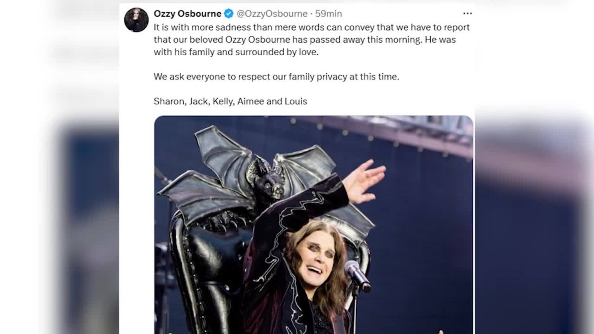 Fallece Ozzy Osbourne, el cantante británico de rock y líder de Black Sabbath, a los 76 años