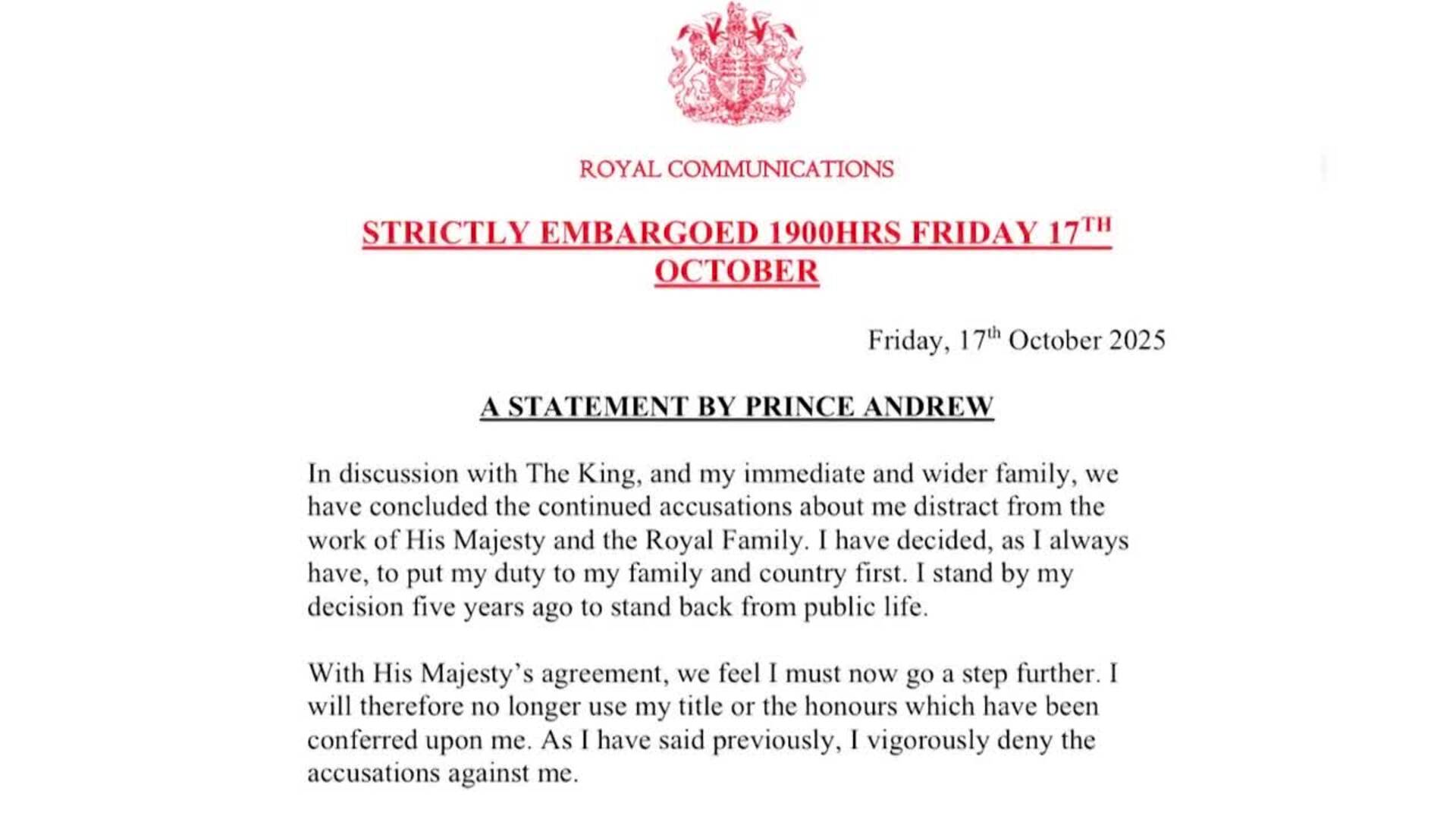 El Príncipe Andrés de Inglaterra renuncia a todos sus títulos tras el escándalo de Epstein