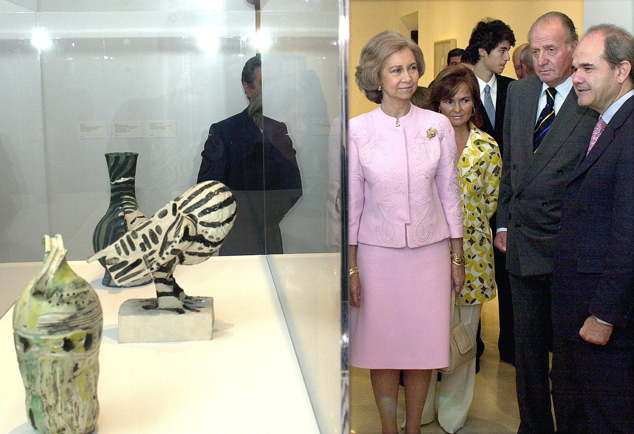 Inauguración del Museo Picasso Málaga (2003).. Los Reyes de España, junto con el presidente de Andalucía, Manuel Chaves, contemplan unas obras de Pablo Ruiz-Picasso, durante el acto de inauguración del Museo Picasso.